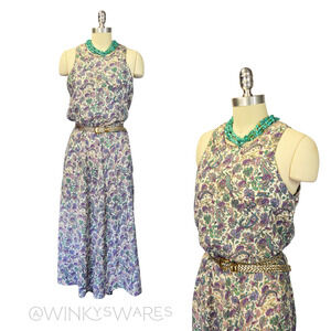 Vintage 90s Paisley Print Midi Dress Size S 4 White Sleeveless Belted Rayon